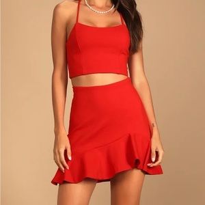 LULUS CATCH MY EYES RED TWO-PIECE LACE-UP MINI DRESS